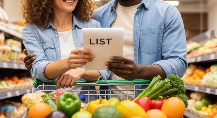 Grocery shopping couple using digital tablet in supermarket