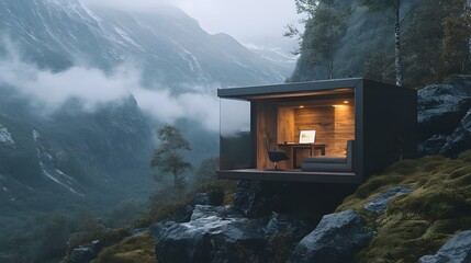 Modern cabin in mountains with stunning view and cozy interior design