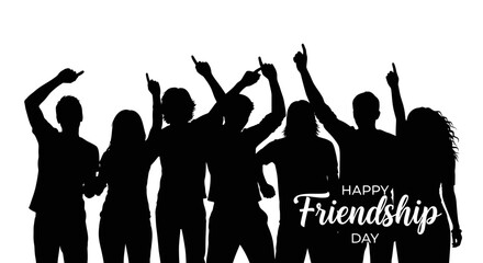 Silhouette Group of Friends Celebrating Friendship Day, Pointing Upwards.