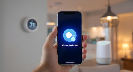 A hand holds a smartphone displaying a virtual assistant app, seamlessly integrating with a modern smart home.