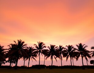the image captures a vibrant scene of a tropical landscape at sunset, a long row of palm trees stretches across the foreground, their leaves silhouetted against the bright sky