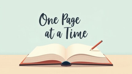 Lettering “One Page at a Time” above an open book with page-turn animation, pencil and post-it notes floating around, soft earth tone palette (linen, terracotta, dusty blue)
