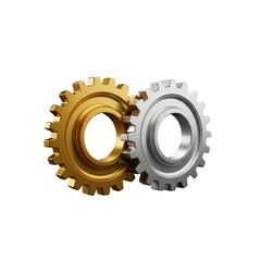 Interlocking golden and silver gears meshing together symbolizing teamwork collaboration and mechanical connection