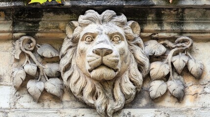 Ornate stone lion's head carving on a building facade.