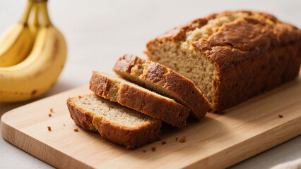 Freshly baked banana bread sliced on a wooden cutting board with ripe bananas