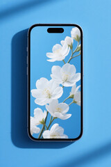 Modern smartphone displaying delicate white cherry blossoms against a bright blue background