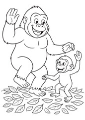 Coloring book of baby and adult gorilla dancing among fallen leaves.