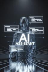 AI assistant digital interface with futuristic design in a virtual environment.