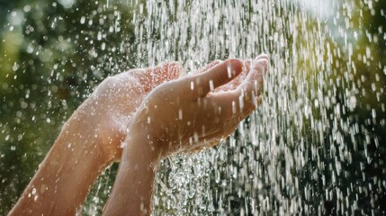 Close up of female hands under refreshing water stream from outdoor shower on sunny summer day. Concept of hygiene, freshness, wellness, purity, cleansing, relaxation, skin care and natural lifestyle