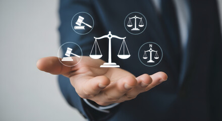 A hand holding scales of justice and gavel icons representing legal services on transparent background