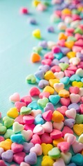 Obraz premium Colorful candy hearts scattered on a soft background
