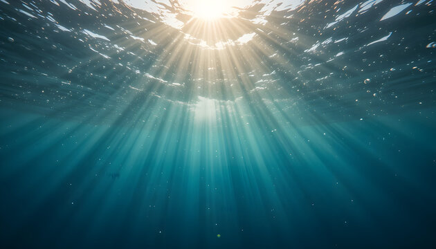 Bubbles beneath the water and sunlight penetrating the ocean surface