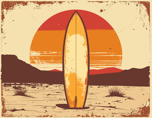 Retro surfboard standing in desert landscape with stylized sunset, vintage summer illustration in bold graphic style