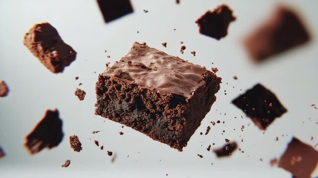 Floating chocolate brownie cubes in motion with dynamic chunks and rich textures