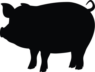 Pig silhouette vector, farm animal icon, black and white graphic, livestock outline illustration, simple pig shape
