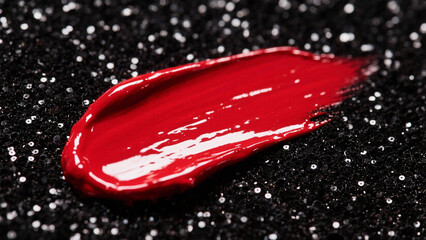 Vibrant red lipstick smear on a sparkling black glitter background macro shot