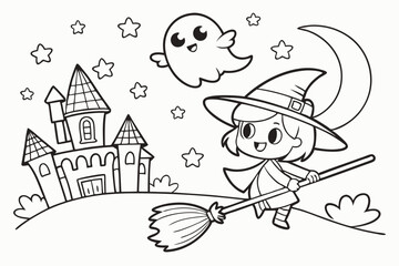 cartoon illustration of a witch with a broom for coloring book, coloring page, kids