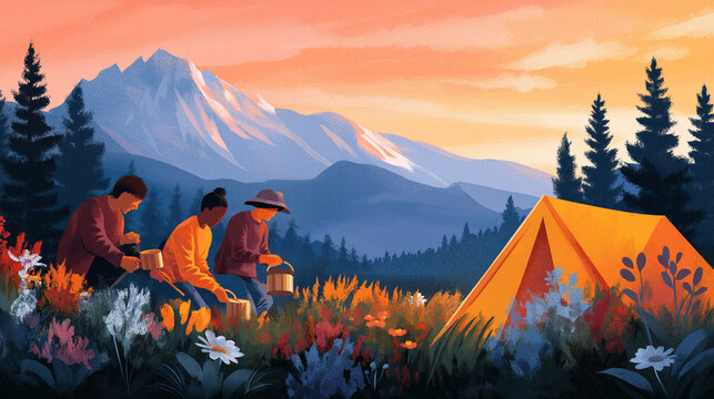 Family Camping Together at a Sunny Summer Campsite