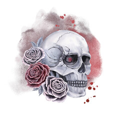 A composition with a human skull, roses and a spider on the background of a watercolor stain. Watercolor illustration in gray, red and black tones. For printing, posters, postcards.