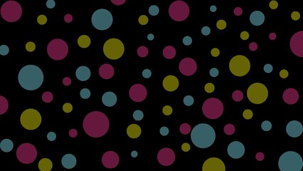 Pastel polka dots in pink, yellow, and blue scattered randomly on black background, cheerful and simple design.