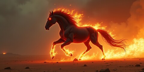 Fire horse, symbol 2026, with glowing mane, fiery hooves running across burning desert, intense energy, mythical threat.