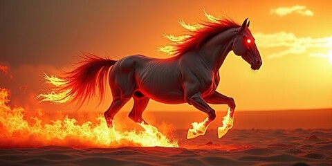 Fire horse, symbol 2026, with glowing mane, fiery hooves running across burning desert, intense energy, mythical threat.