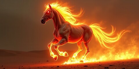 Fire horse, symbol 2026, with glowing mane, fiery hooves running across burning desert, intense energy, mythical threat.