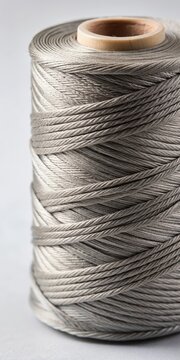 A gray thread lies coiled within a bobbin
