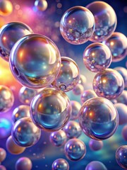 A cluster of translucent spheres suspended in mid-air amidst a swirling expanse of iridescent surfaces