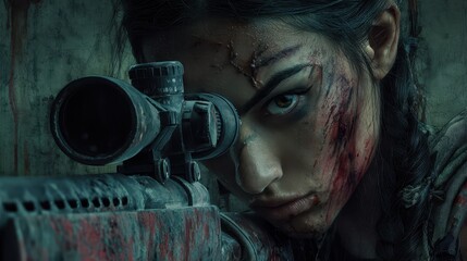 Intense Close-Up of Female Sniper with Determined Gaze in Urban War Zone