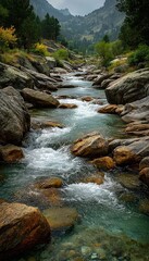 River flowing through a rocky valley with trees on either side