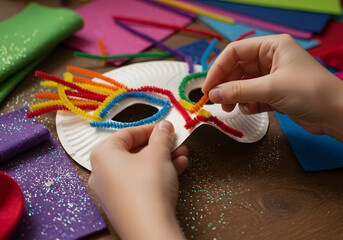 Child crafting colorful mask project