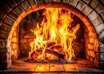 Intense flames engulfing burning wood in a stone oven