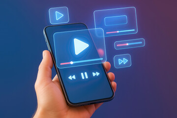 Hand holding smartphone displaying holographic video player interface mobile technology