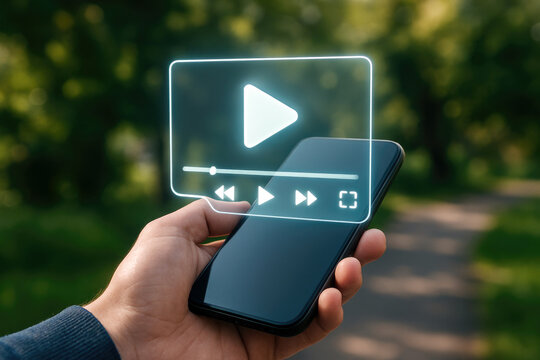Hand holding smartphone displaying holographic video interface with play controls