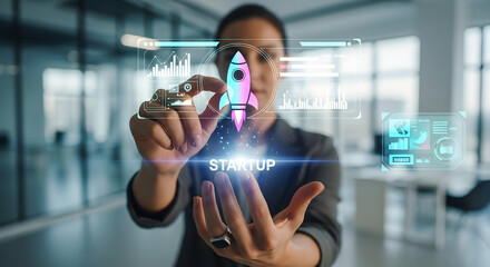 Woman interacting with holographic startup rocket and data interface in office space on transparent background