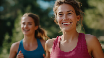 Obraz premium Young female friends jogging in the woods during summer fun