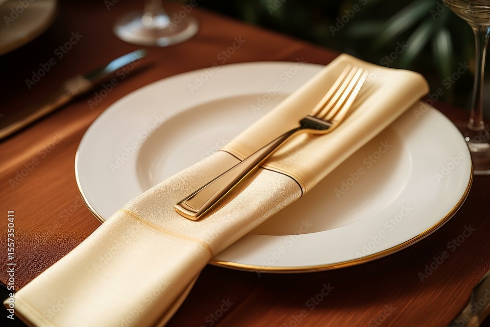 Poster golden fork placed on a napkin on an empty plate, creating an elegant table setting for a luxurious 