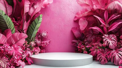 Pink tropical foliage display with a round pedestal.