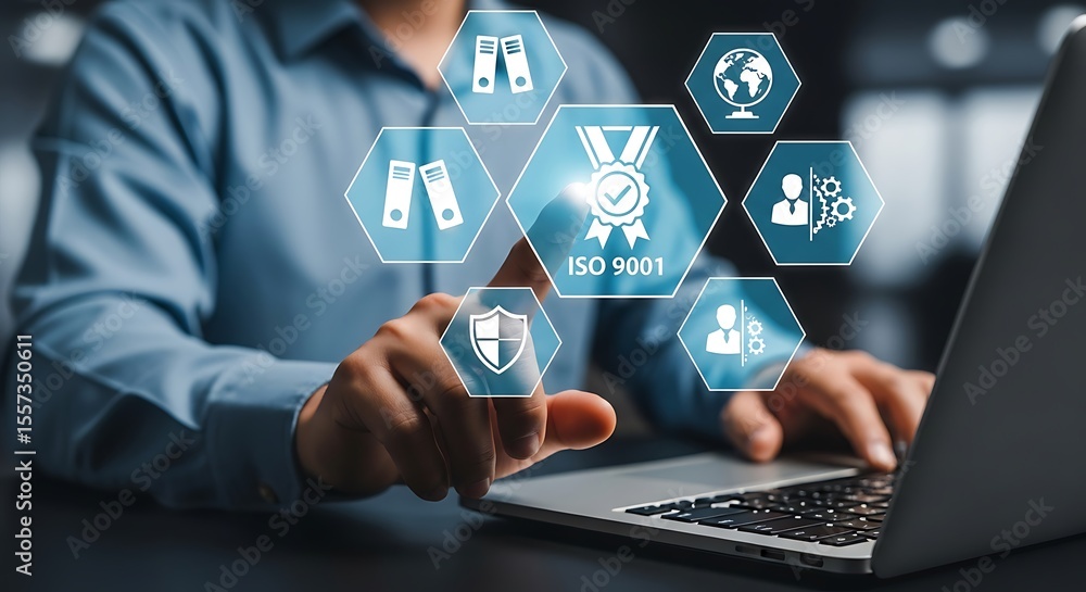 Poster digital interface displaying iso 9001 certification and business management icons on touchscreen by 