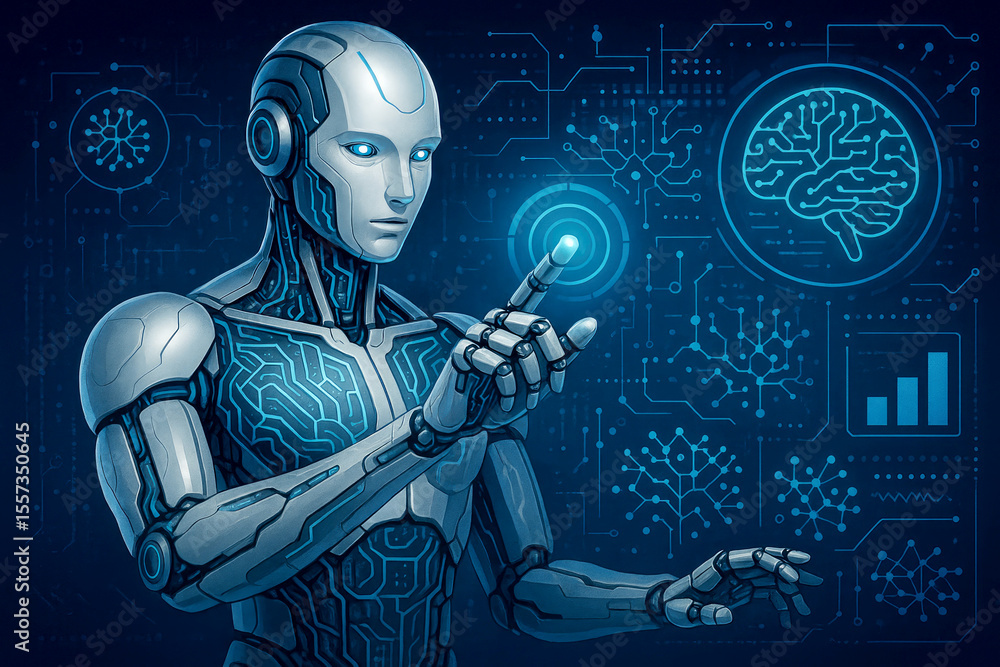 Poster humanoid robot interacting with digital interface displaying brain and data artificial intelligence