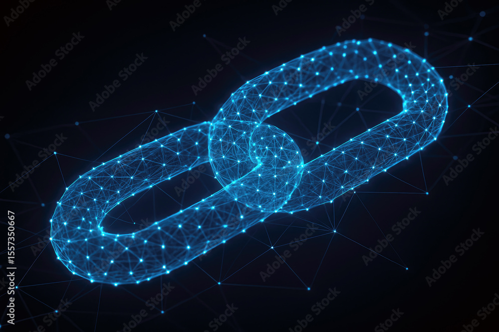 Poster interconnected blue digital chain links with glowing nodes and lines network technology