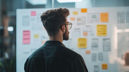 A focused individual analyzing colorful sticky notes on a glass board in a modern workspace, brainstorming ideas and collaborating with others in a dynamic environment