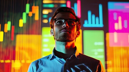 A focused individual in glasses stands against a vibrant, colorful backdrop of digital graphs and data visualizations, embodying the essence of modern analytics and technology
