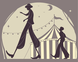 Elegant silhouette of a circus performer on stilts walking with companion near a tent