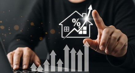 Person touching digital house graph with rising arrows hand graphic