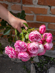 A person holding a bunch of pink roses in their hand