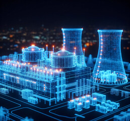 Futuristic Nuclear Power Plant Digital Wireframe at Night with Glowing Blue Lights and Cityscape Background - Renewable Energy Technology and Smart Grid Concept