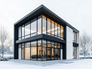 A modern architectural design of a sleek, glass-fronted building situated in a snowy landscape, showcasing a minimalist style with large windows reflecting the winter scenery