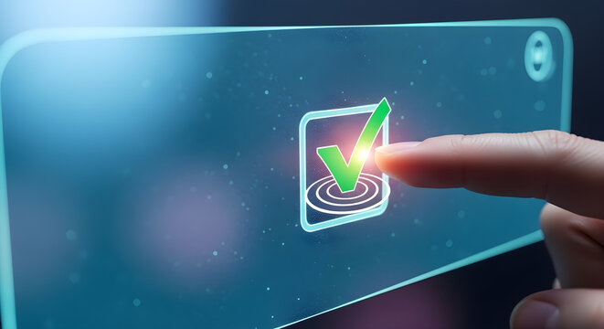 A finger touches a digital screen with a green check mark inside of a square box on transparent background